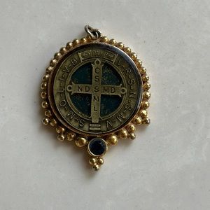 Vintage Virgin Saints & Angels-Noble Grande San Benito Medallion w/ blue jewel